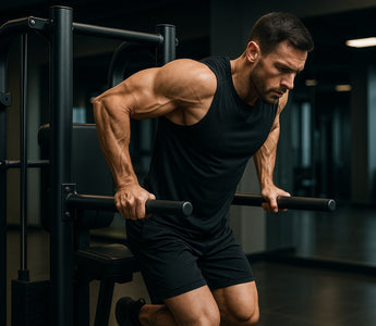 Gym athlete performing dips and push-ups side by side
