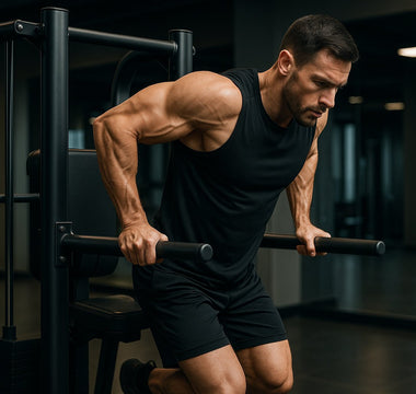 Gym athlete performing dips and push-ups side by side