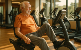Senior woman using recumbent exercise bike in gym