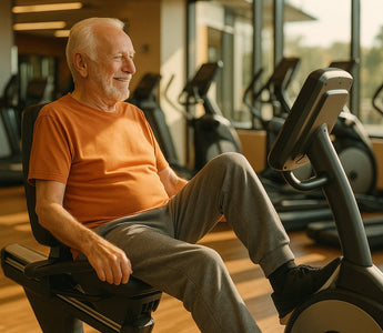 Senior woman using recumbent exercise bike in gym