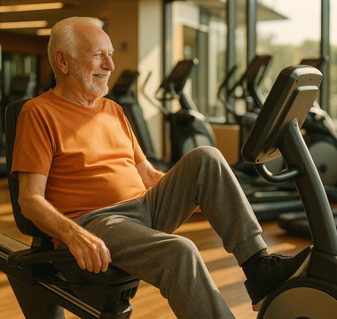 Senior woman using recumbent exercise bike in gym