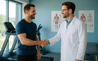 Gym owner shaking hands with physical therapist &mdash; strategic partnership concept