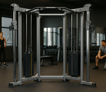 Cable crossover station in a commercial gym strength area