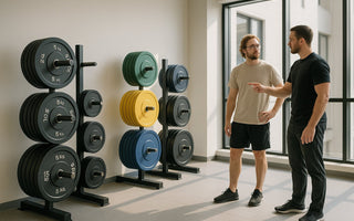 Gym weight plates stored neatly to keep floors clutter free