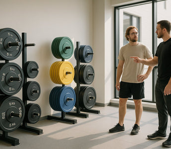 Gym weight plates stored neatly to keep floors clutter free