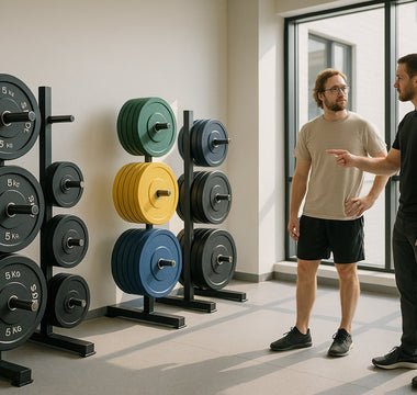 Gym weight plates stored neatly to keep floors clutter free