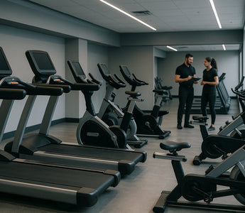 Balanced cardio area with treadmills bikes and rowers at Skelcore facility