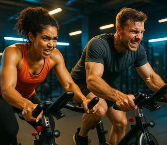Indoor cycling spin class showing waistline transformation