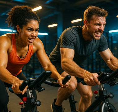 Indoor cycling spin class showing waistline transformation