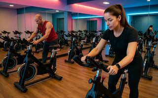 Indoor cycling studio setup with spinning bikes and lighting