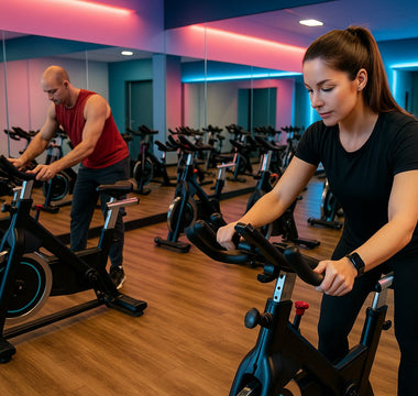 Indoor cycling studio setup with spinning bikes and lighting
