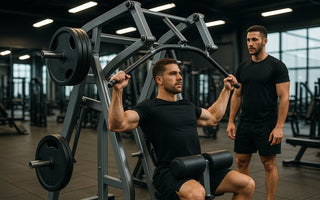 Plate-loaded front-facing lat-pulldown machine in commercial gym