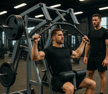 Plate-loaded front-facing lat-pulldown machine in commercial gym