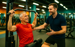 Older adults working out in a gym setting &mdash; promoting over 50 fitness program