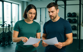 Gym owner reviewing waiver document in gym facility