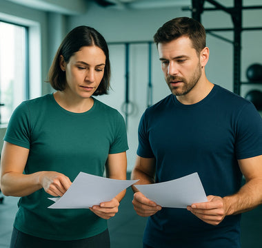 Gym owner reviewing waiver document in gym facility