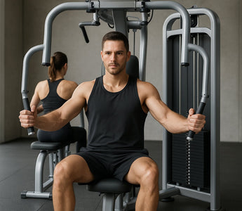 Gym floor pec fly machine being used for chest isolation