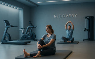 Gym recovery zone area with foam rollers and lounge seating