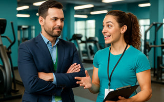 Fitness instructors teaching a group class in a gym setting