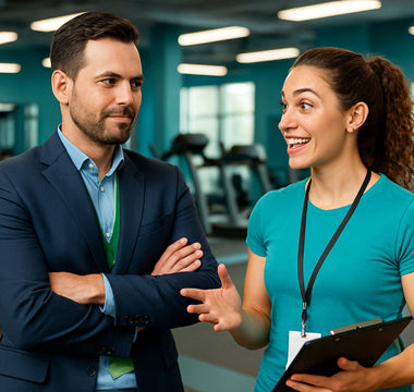 Fitness instructors teaching a group class in a gym setting
