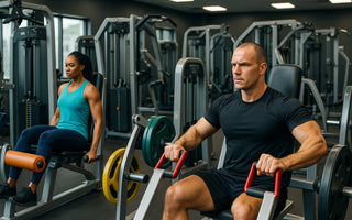 Gym machines lineup showing treadmills, cable machines, benches, and weight racks