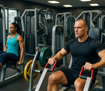 Gym machines lineup showing treadmills, cable machines, benches, and weight racks