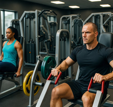 Gym machines lineup showing treadmills, cable machines, benches, and weight racks