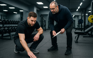 Gym free weight area with rubber flooring under heavy weights