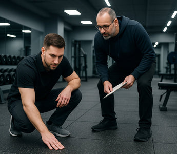 Gym free weight area with rubber flooring under heavy weights