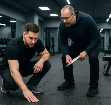 Gym free weight area with rubber flooring under heavy weights