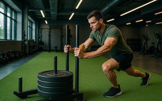 Functional fitness turf flooring zone with sled track in gym