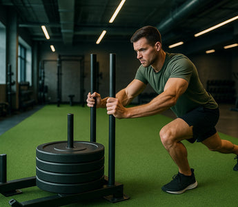 Functional fitness turf flooring zone with sled track in gym