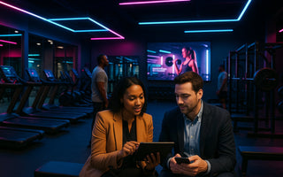 Commercial gym interior with smart mood lighting and audio system