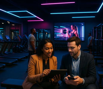 Commercial gym interior with smart mood lighting and audio system