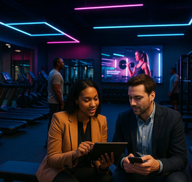 Commercial gym interior with smart mood lighting and audio system