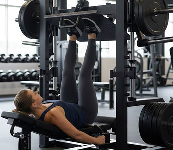 Plate-loaded vertical leg press in commercial gym setting