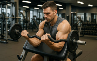 Athlete performing a preacher curl exercise on a slanted bench