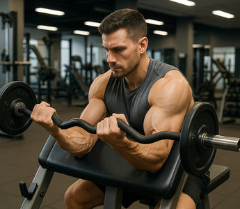 Athlete performing a preacher curl exercise on a slanted bench