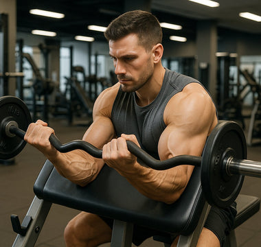 Athlete performing a preacher curl exercise on a slanted bench