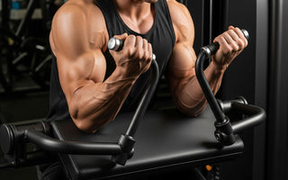 Gym setting showing a bicep curl machine in use