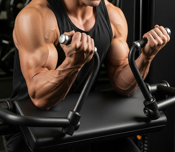 Gym setting showing a bicep curl machine in use