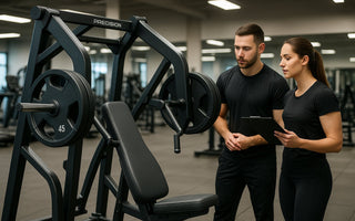 Plate-loaded precision chest press machine in gym setting