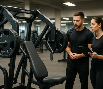 Plate-loaded precision chest press machine in gym setting