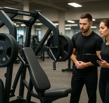 Plate-loaded precision chest press machine in gym setting